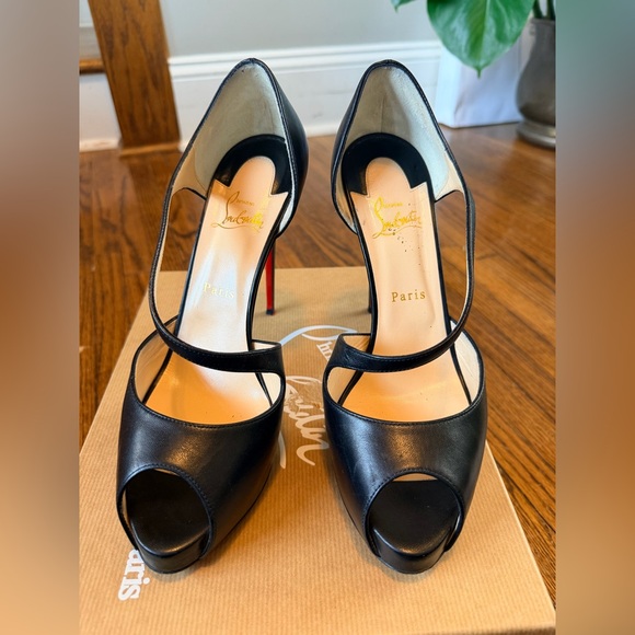 Christian Louboutin Black Leather Cross Prive Peep Toe Heels - Picture 2 of 5